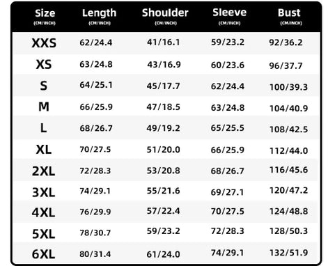 Size chart for clothing with measurements in centimeters and inches.