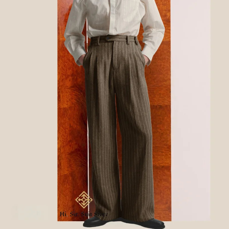 Men's Striped Dress Pants Old Money Wide Leg Baggy Pleated Casual Pinstriped Trousers Loose Fit Elastic Waist Vintage Slacks