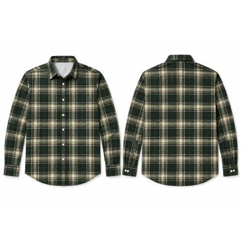 Front and back views of a long-sleeve button-up plaid shirt in dark green and beige, displayed on a clean white background.