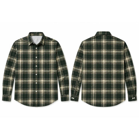 Front and back views of a long-sleeve button-up plaid shirt in dark green and beige, displayed on a clean white background.