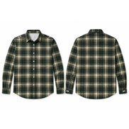 Front and back views of a long-sleeve button-up plaid shirt in dark green and beige, displayed on a clean white background.