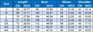 Table displaying clothing size chart with measurements in centimeters and inches.