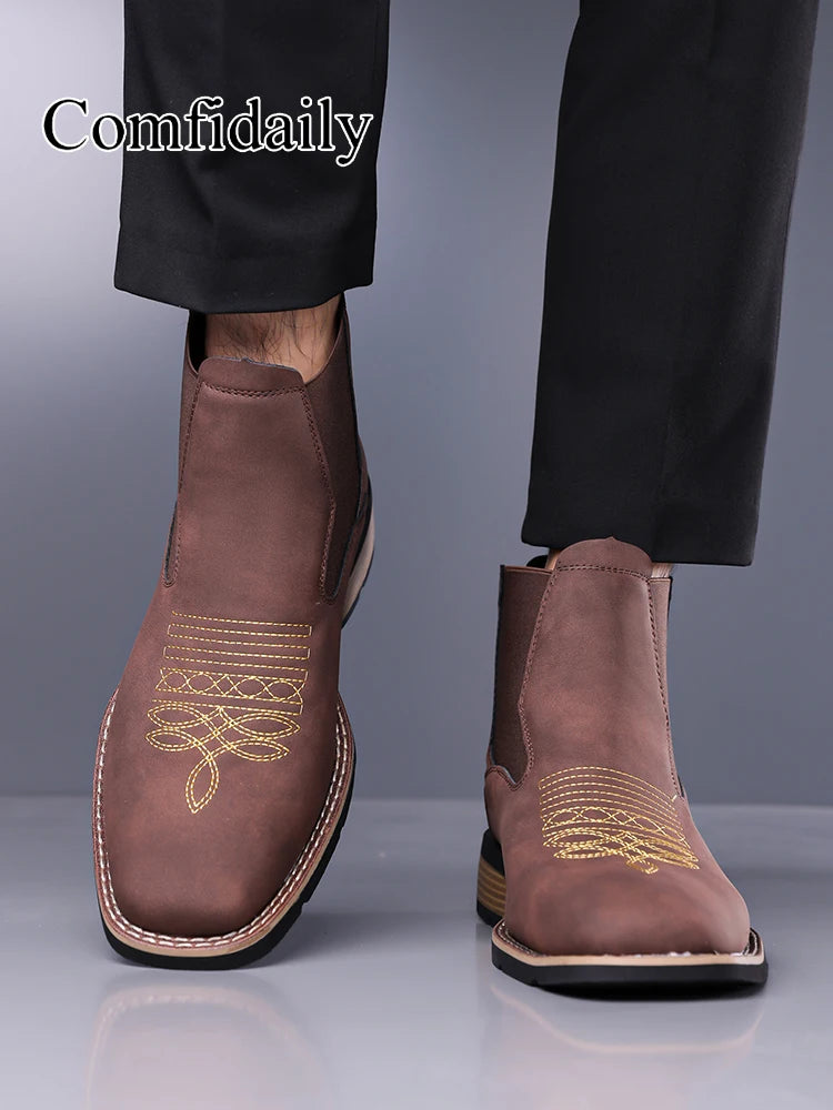 Retro Men Chelsea Boots Classic Brown Embroidery Boots High Quality Business Casual British Style Street Western Ankle Boots