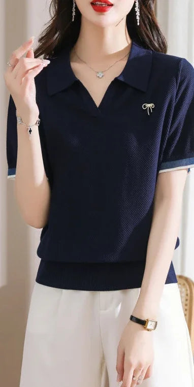 Female Tee Baggy Plain Knitted Cute T-shirts Kawaii Women's Polo Pulovers Offer Comfortable Summer 2025 with Collar New On