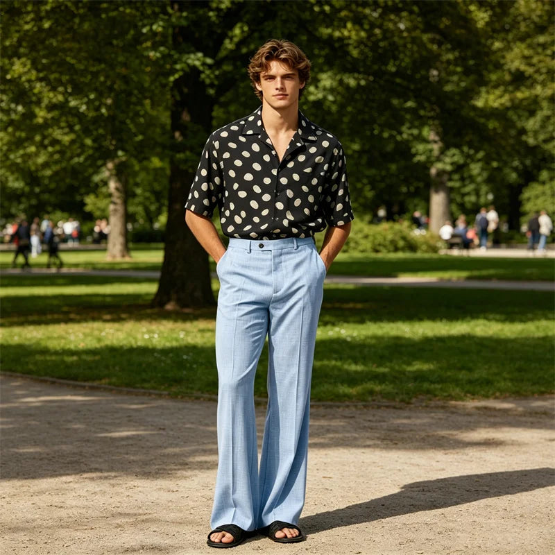 Men's High Waist Flared Pants Linen Blend Slim Fit Bell Bottoms Trousers Lightweight Breathable 70s 60s Disco Vintage Outfits