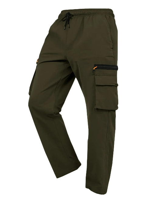 Army green cargo pants with cargo pockets and a drawstring waist shown at an angle on a white background