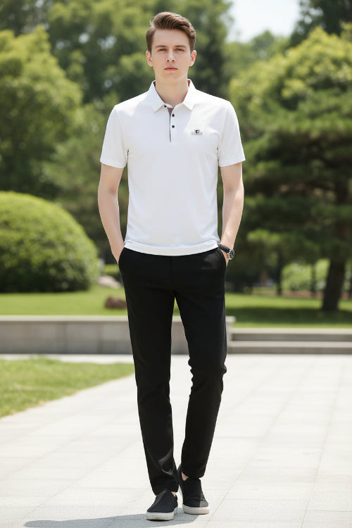 White polo shirt with a brand logo on a gray background