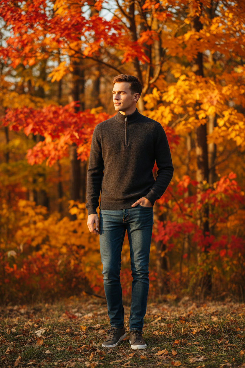 Folded dark gray sweater on a gray platform