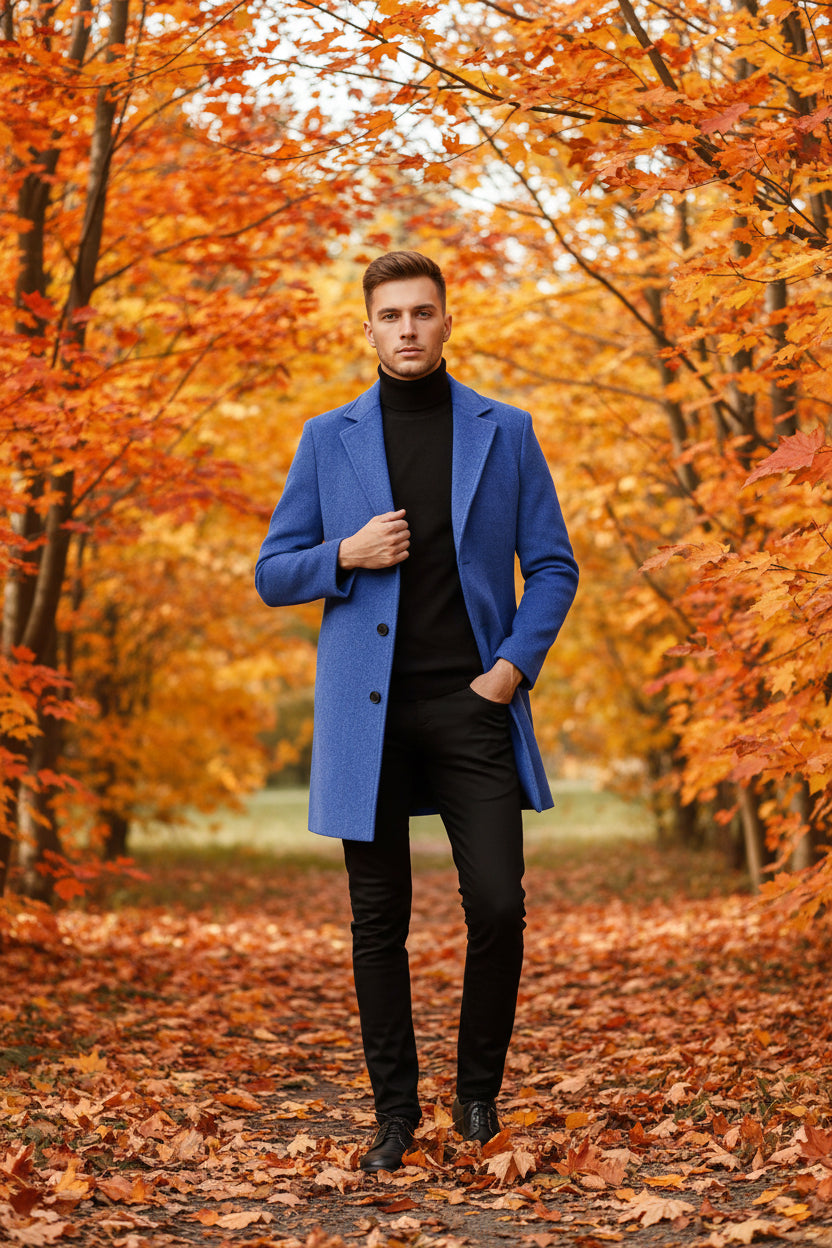 Blue coat worn by a person on a white background