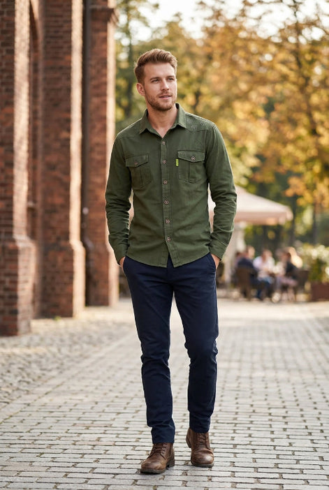 Green button-up shirt with pockets on a white background