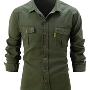 Green button-up shirt with pockets on a white background