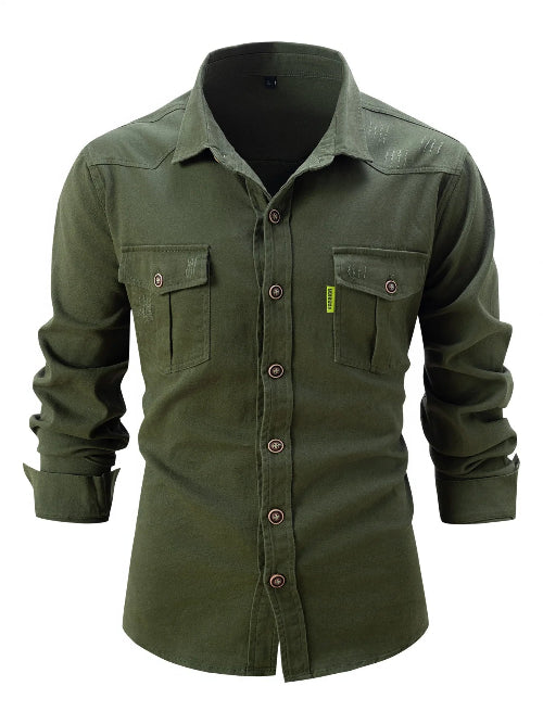 Green button-up shirt with pockets on a white background
