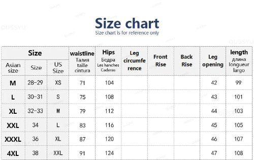 Size chart for clothing measurements on a white background