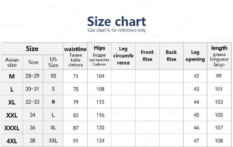 Size chart for clothing measurements on a white background