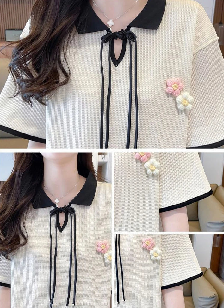 Contrast Color Baggy Woman Short Sleeve Tshirt Y2k Fashion Flower Summer Outfit Youthful Elegant New Polo Neck T Shirt for Women