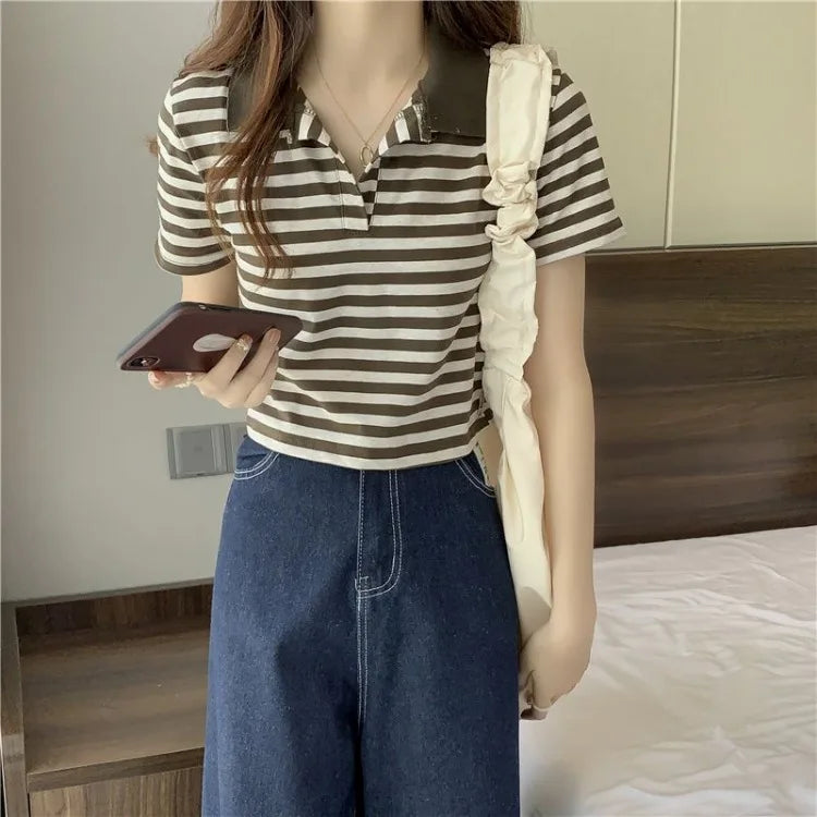 Chic V Neck Short Length Striped Short Sleeve Polo T Shirt For Women Summer 2026 New Niche Top