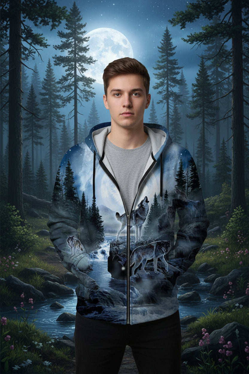 Hoodie with wolf design on a white background