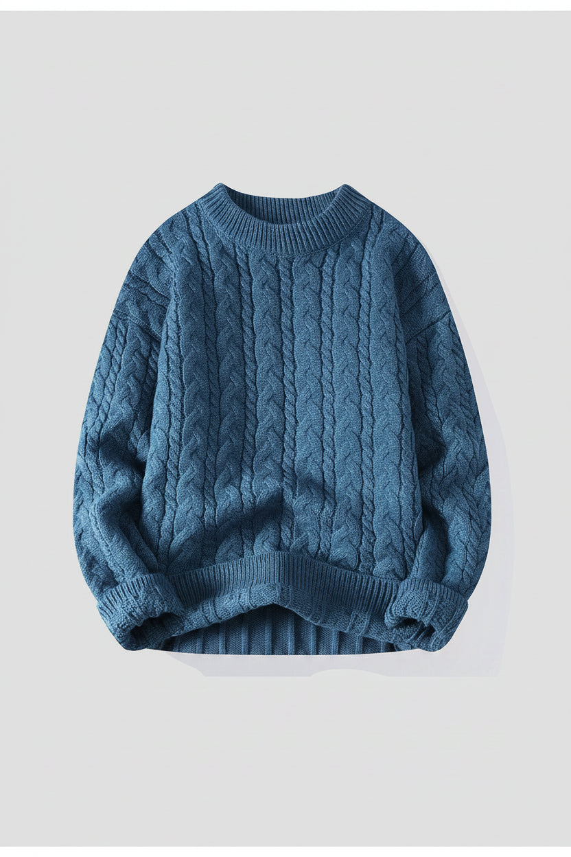 Blue cable knit sweater on a white background with text about fashion and design.