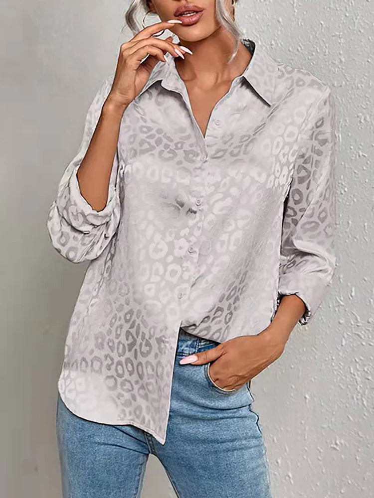 Women Leopard Print Luxury Blouse Spring Summer Long Sleeve Lapen Vintage Button Up Shirt Office Lady Satin Tunics Harajuku Top