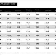 A size measurement chart titled 'PRODUCT SIZE-PRODUCT SIZE' with a size grid from 28 to 38 and columns for waistline, circumference, knee comfort, foot comfort, front wave, back wave, and foreign measure.
