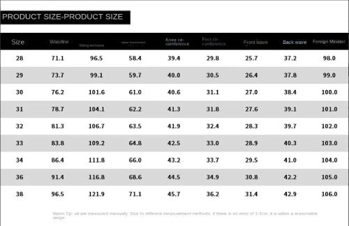 A size measurement chart titled 'PRODUCT SIZE-PRODUCT SIZE' with a size grid from 28 to 38 and columns for waistline, circumference, knee comfort, foot comfort, front wave, back wave, and foreign measure.
