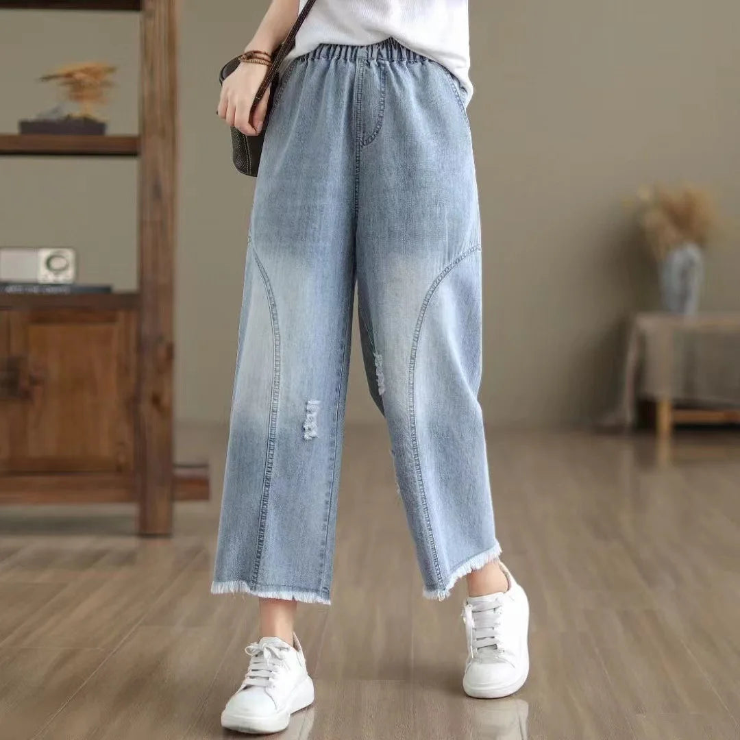 Spring Summer Ethnic Style Vintage Floral Embroidery Denim Wide Leg Pants Women High Elastic Waist Hole Casual Straight Jeans