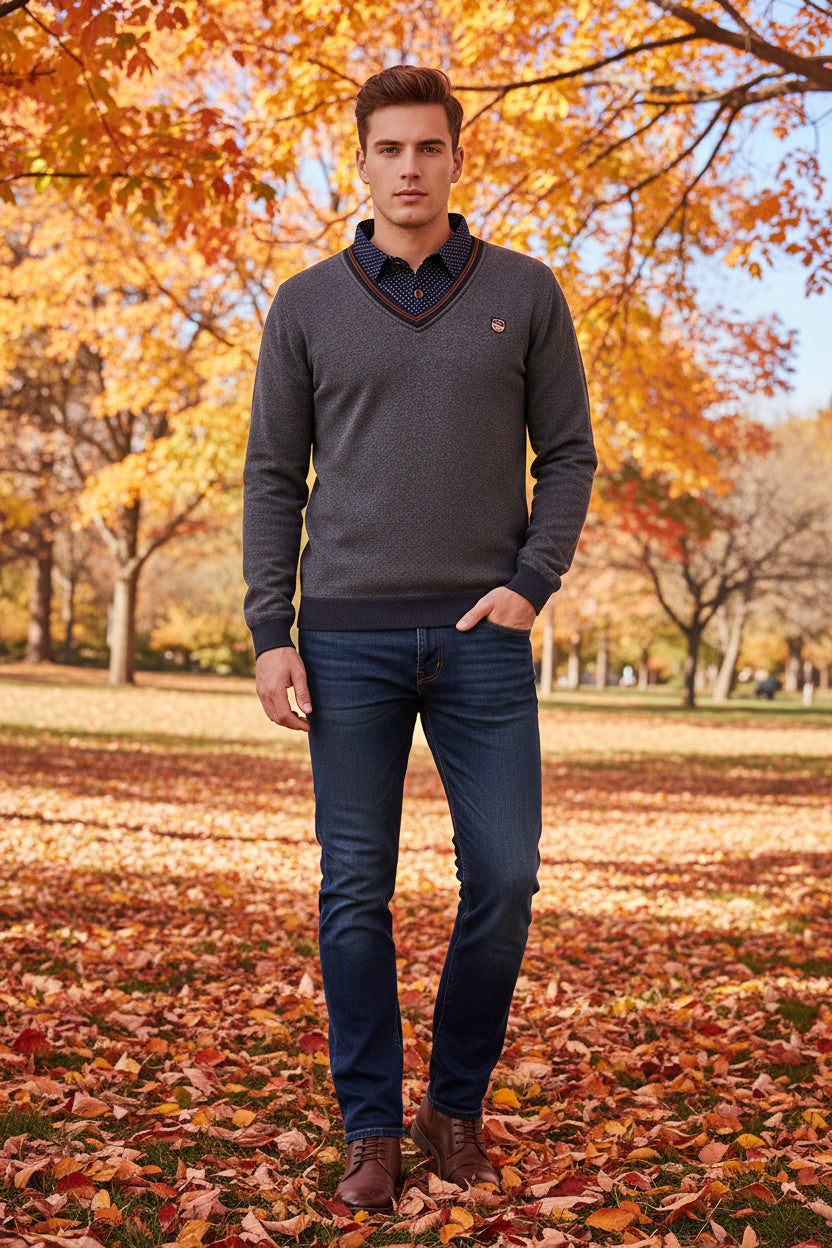 Folded gray sweater with navy collar and flame graphic on a white background
