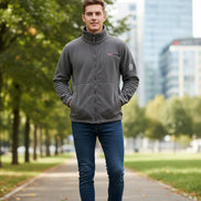 Gray fleece jacket with brand logos on a light gray background