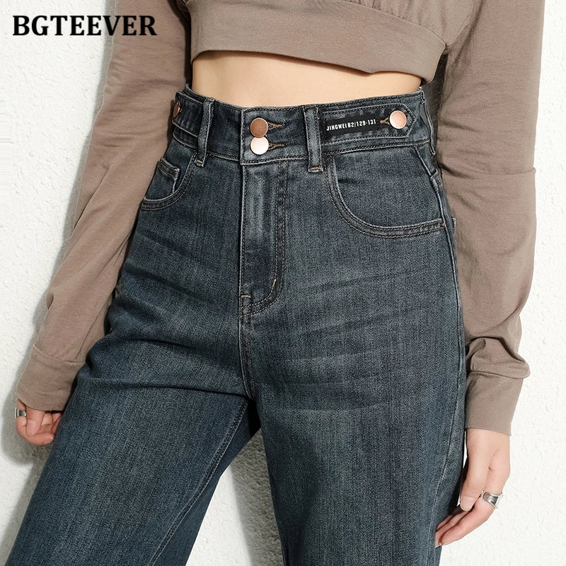 BGTEEVER Vintage Double Buttons Straight Jeans Pants Women Spring Autumn High Waist Loose Pockets Female Wide Leg Denim Trousers