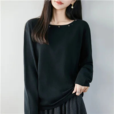 High end fashion 100% pure cotton women's sweater casual knitted round neck pullover autumn and winter solid color women's top