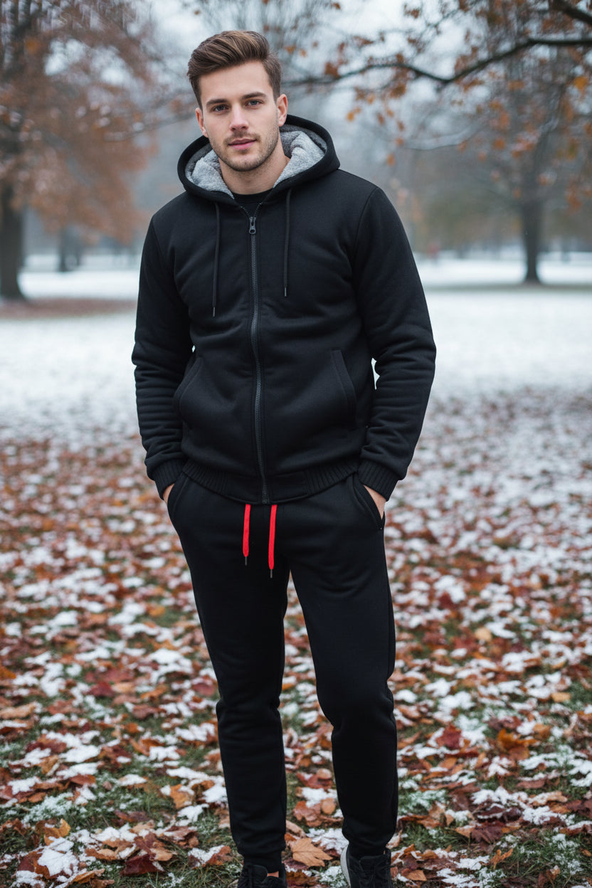 Black hoodie and pants set with gray fleece lining on a white background