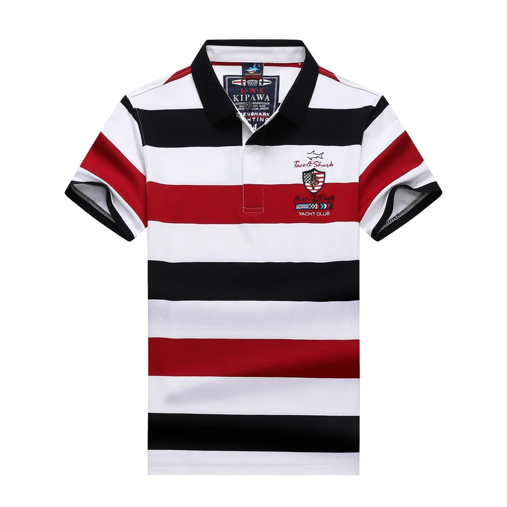 A short-sleeve polo shirt with horizontal stripes of black, white, and red. It features a black collar, a two-button placket, and a small embroidered crest on the left chest with the text 'Saint Patrick's Day' and 'NORTHERN'.