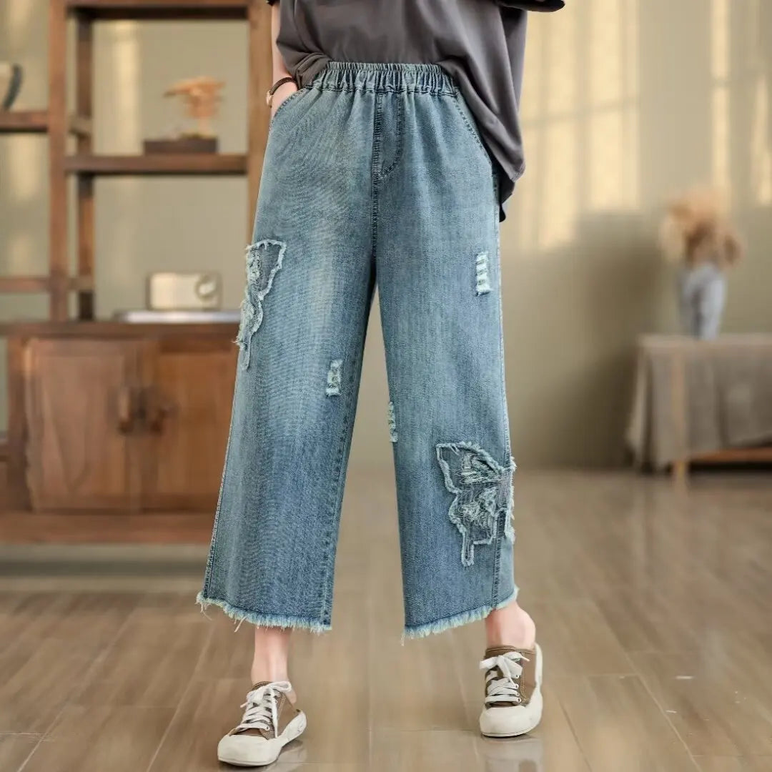 Spring Summer Ethnic Style Vintage Floral Embroidery Denim Wide Leg Pants Women High Elastic Waist Hole Casual Straight Jeans
