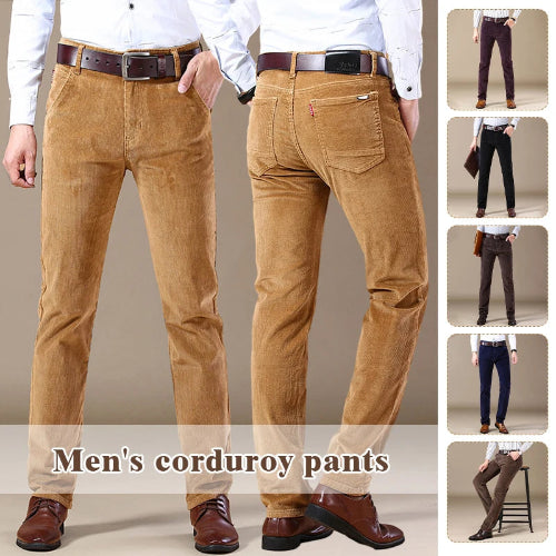 Brown corduroy pants displayed with a person wearing them, set against a neutral background.