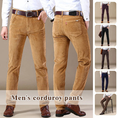 Brown corduroy pants displayed with a person wearing them, set against a neutral background.