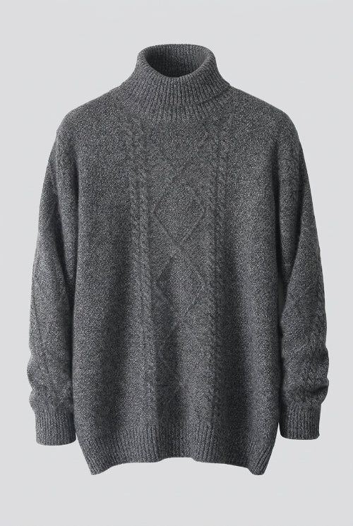 A dark gray cable-knit mock neck sweater displayed on a wooden hanger against a white background.