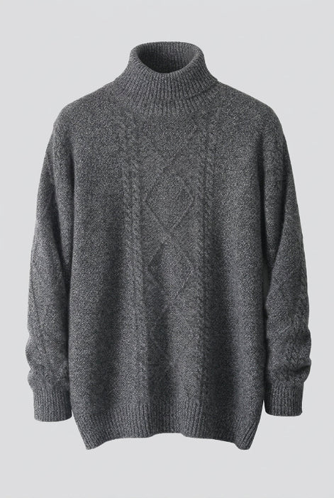 A dark gray cable-knit mock neck sweater displayed on a wooden hanger against a white background.