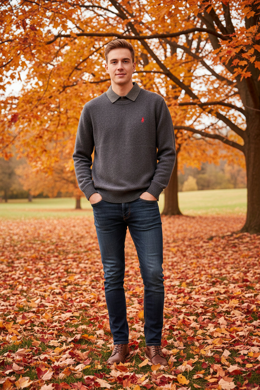 Gray sweater with a red logo on a rack with other sweaters.