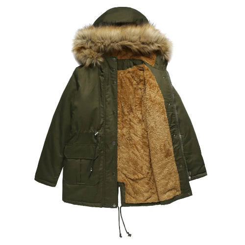 Green parka with fur-lined hood and brown fur lining on a white background
