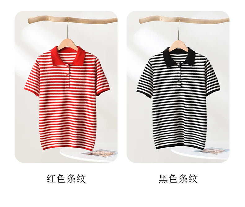 WinvyNee Summer T-shirts Women 100% Cotton Striped Tops Women Clother Polo Short Sleeve Buttons Casual Basic Pullover ZA1102004