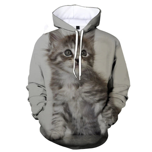 A light gray pullover hoodie featuring a large, realistic 3D-printed graphic of a fluffy gray tabby kitten on the front, with white drawstrings and a white hood lining.
