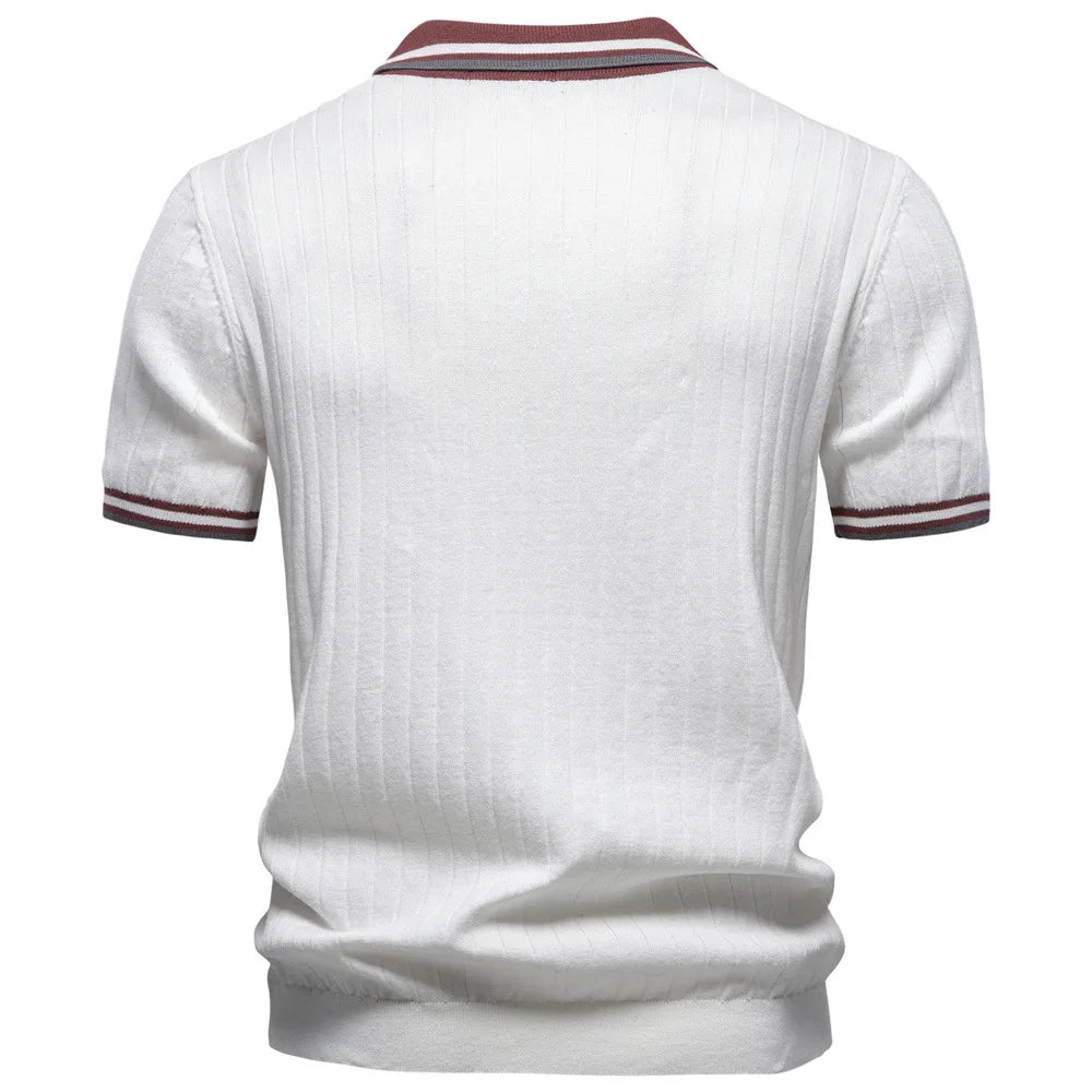 Men's Knitted Polo Shirt Summer Short Sleeve Striped Collar Casual Business Tops Brown With Striped Collar and Cuffs