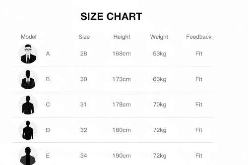 Size description chart with model images, sizes, heights, weights, and feedback for clothing or shoes.