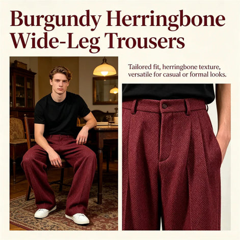 Promotional collage for burgundy herringbone wide-leg trousers