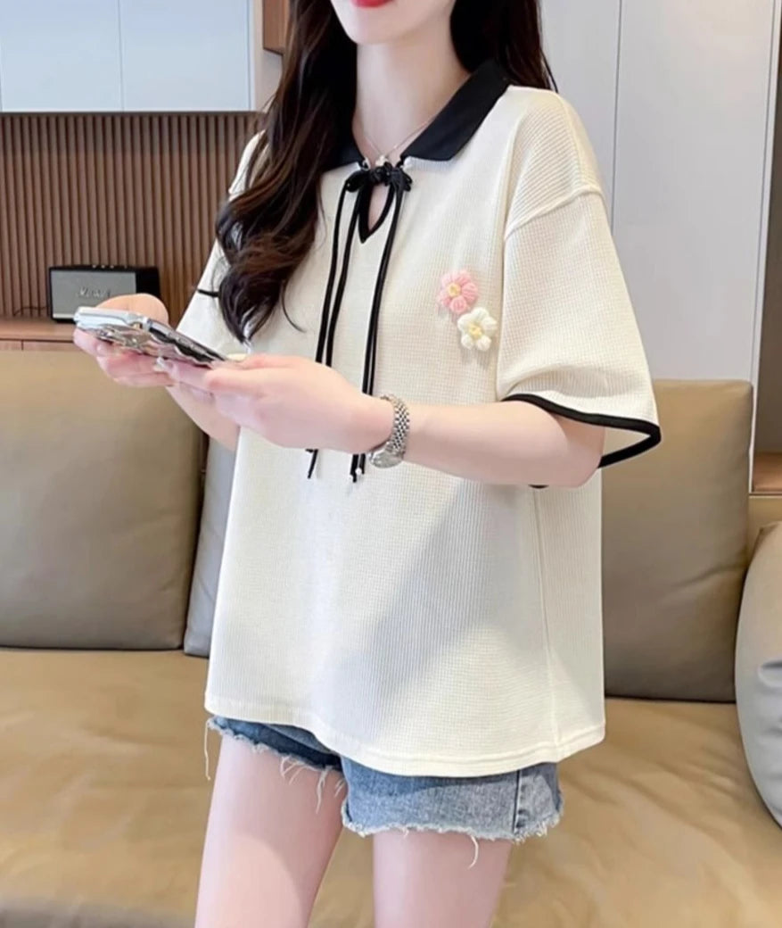 Contrast Color Baggy Woman Short Sleeve Tshirt Y2k Fashion Flower Summer Outfit Youthful Elegant New Polo Neck T Shirt for Women