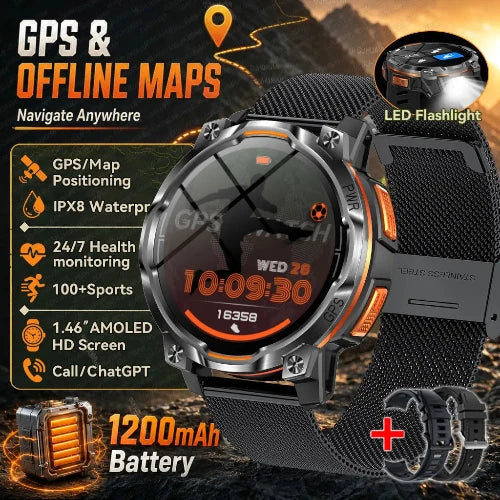 A rugged smartwatch with a black mesh strap and silver-toned metal case, shown with promotional text highlighting GPS 