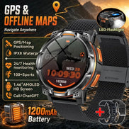 A rugged smartwatch with a black mesh strap and silver-toned metal case, shown with promotional text highlighting GPS 