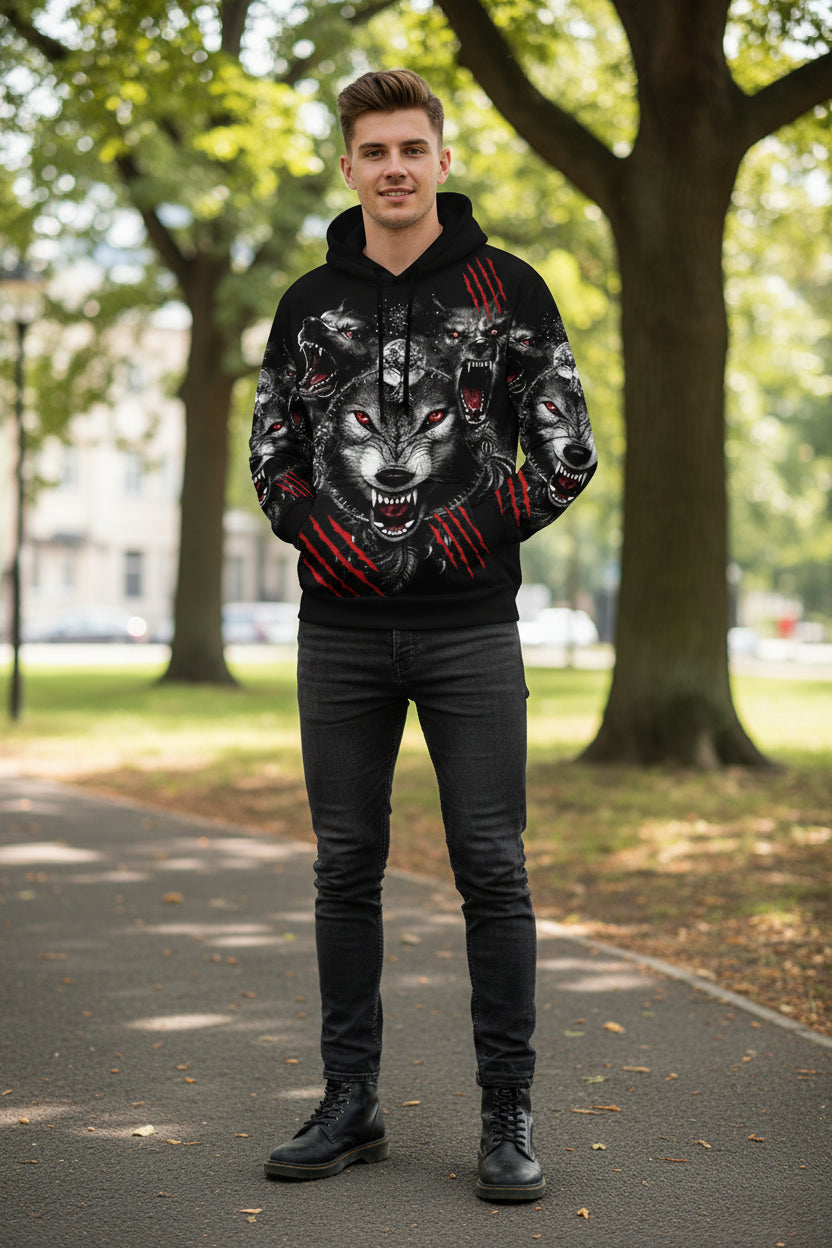 Black hoodie with a graphic of wolves and red accents on a white background
