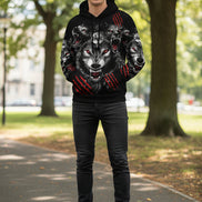 Black hoodie with a graphic of wolves and red accents on a white background