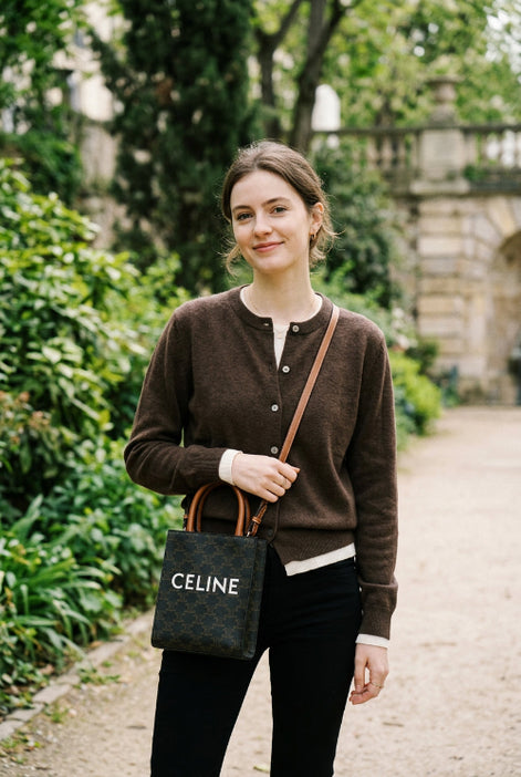 Person holding a Celine handbag in a store setting